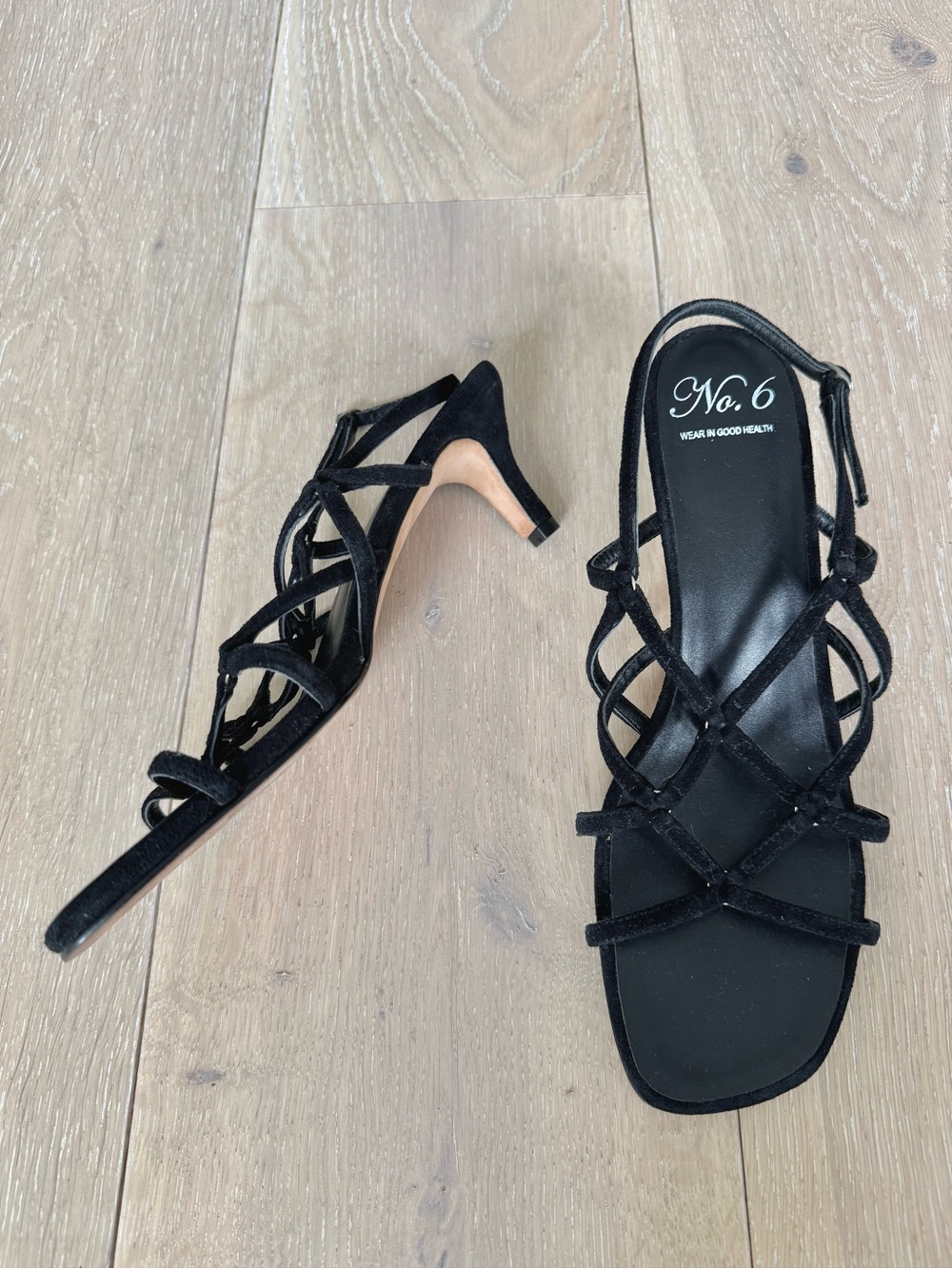No. 6 Black Strappy Kitten Heel Suede Sandals